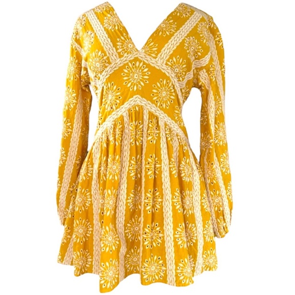 🔆 Free People, Harni Alexia Yellow Long Sleeve Mini Dress, Size Medium US 8 - Picture 3 of 11